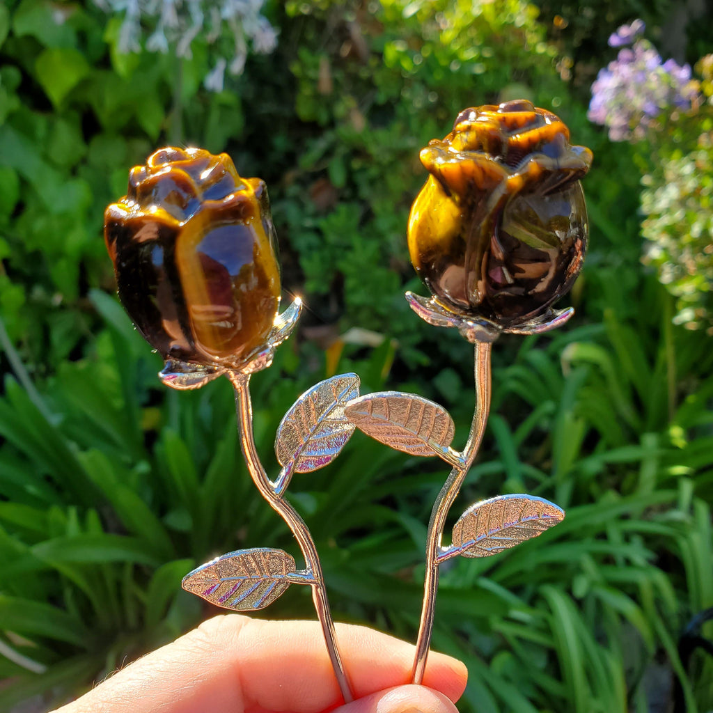 Small Flashy Tiger Eye Rose on Stem - Courage, Motivation, Confidence, Grounding, Energetic Protection - Crystal Rose Healing Gemstones