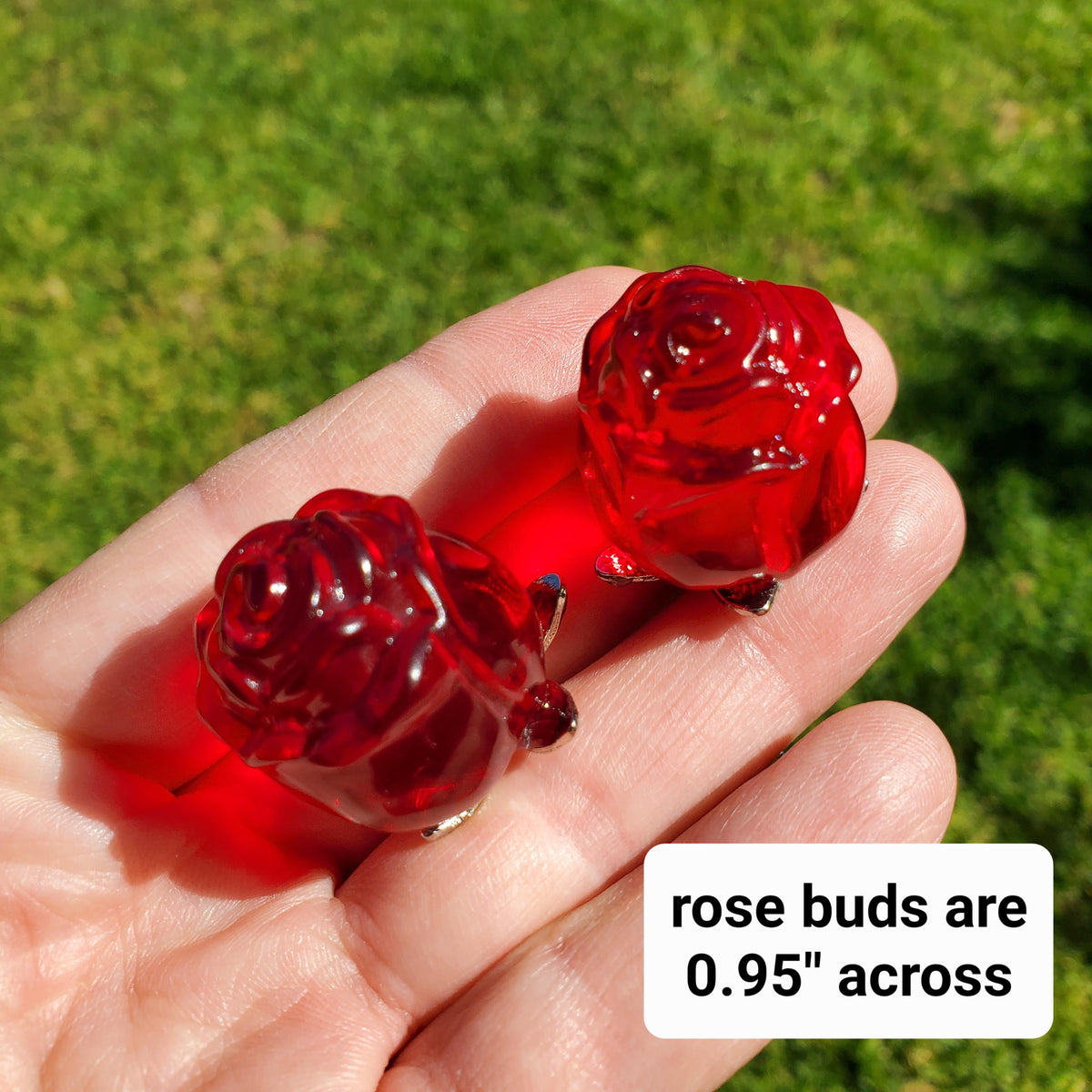Small Red Glass Rose on Stem - Confidence, Intuition, Rebirth, Guides Us To Our Purpose - Flower Bud Carving Statement Stone Garden Stake