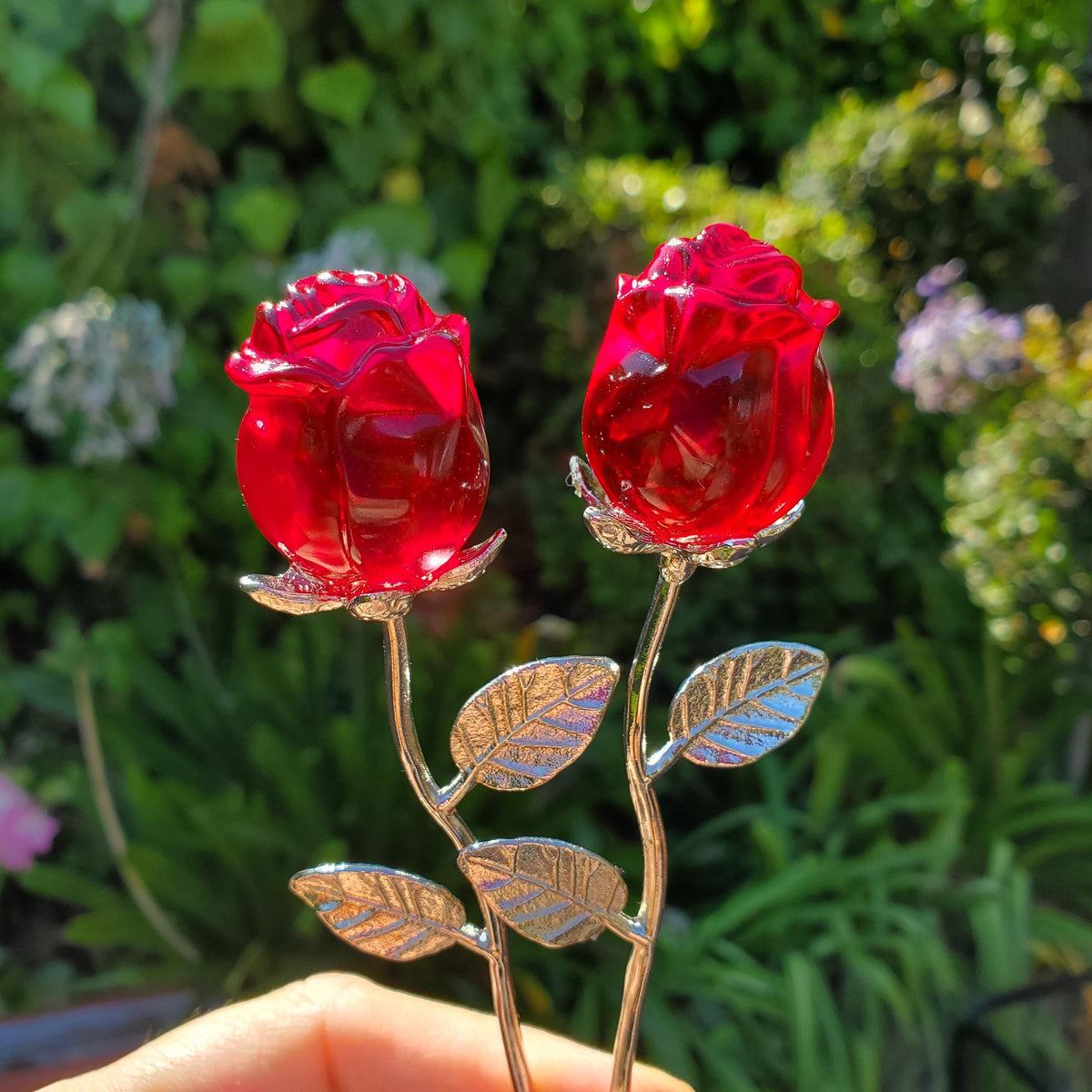 Small Red Glass Rose on Stem - Confidence, Intuition, Rebirth, Guides Us To Our Purpose - Flower Bud Carving Statement Stone Garden Stake