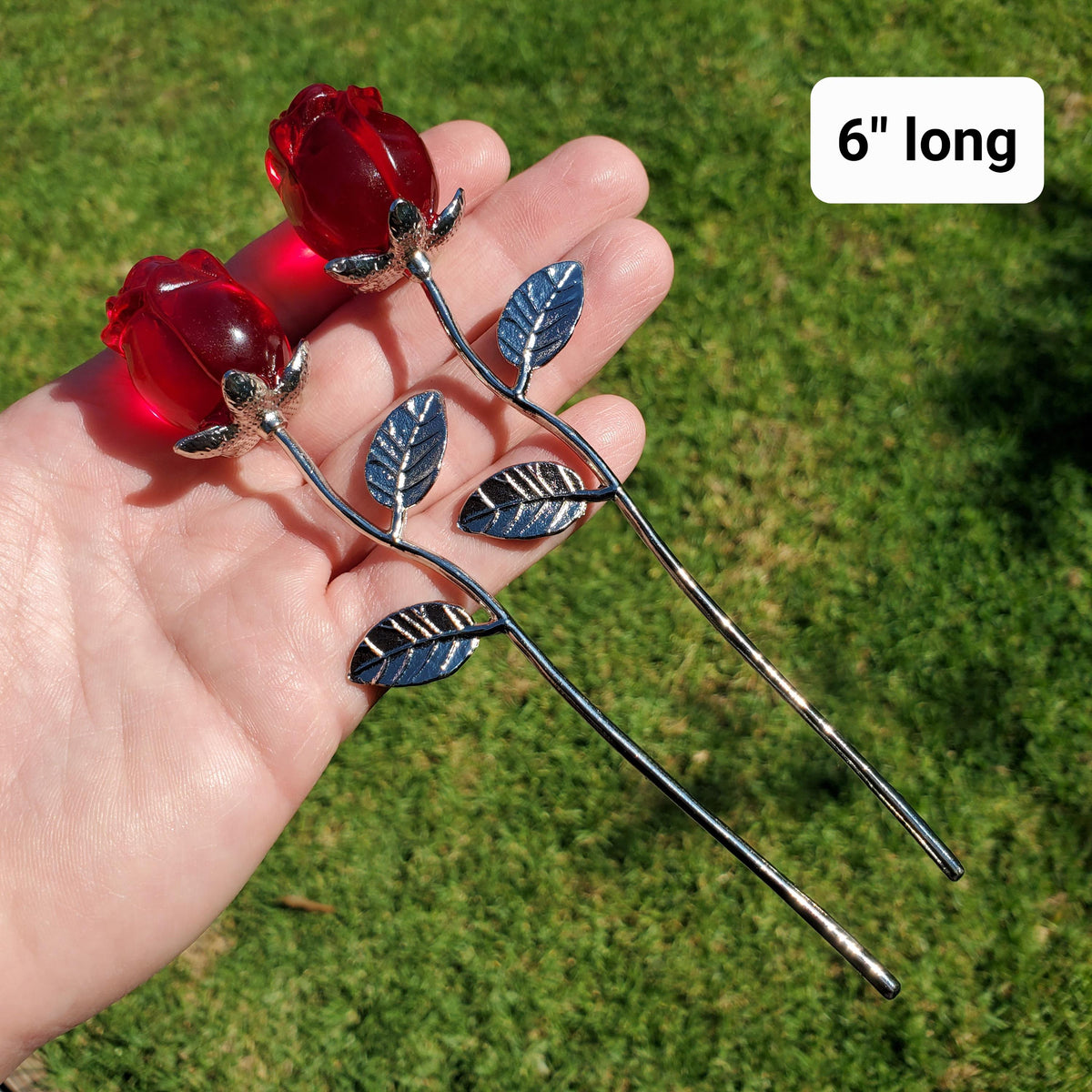Small Red Glass Rose on Stem - Confidence, Intuition, Rebirth, Guides Us To Our Purpose - Flower Bud Carving Statement Stone Garden Stake