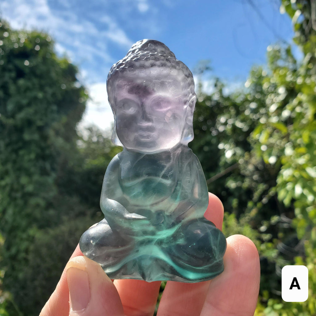 Rainbow Fluorite Buddha - Stability, Concentration, Protection - Fluorite Carved Buddha Statue Healing Gemstone Statement