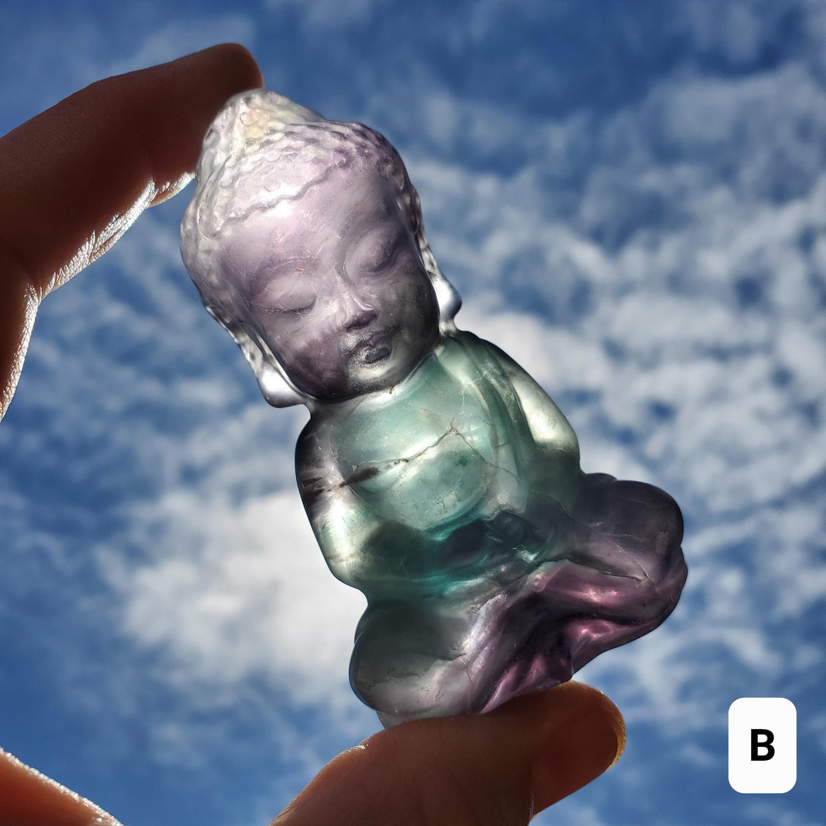 Rainbow Fluorite Buddha - Stability, Concentration, Protection - Fluorite Carved Buddha Statue Healing Gemstone Statement