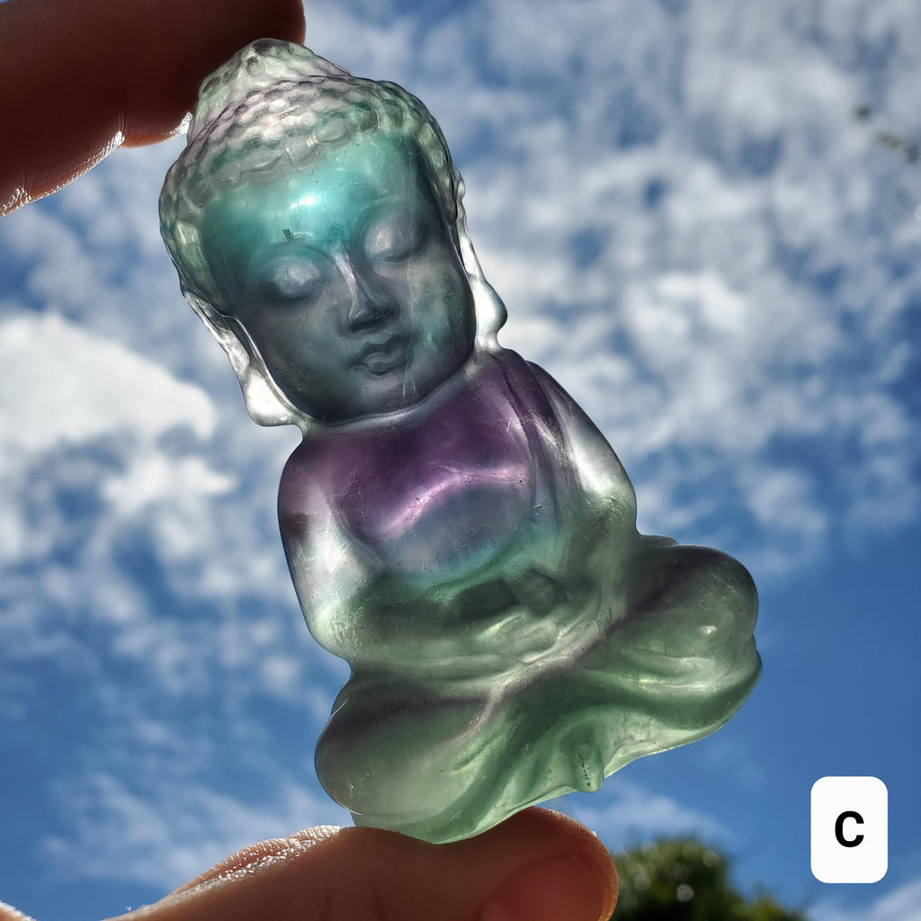 Rainbow Fluorite Buddha - Stability, Concentration, Protection - Fluorite Carved Buddha Statue Healing Gemstone Statement