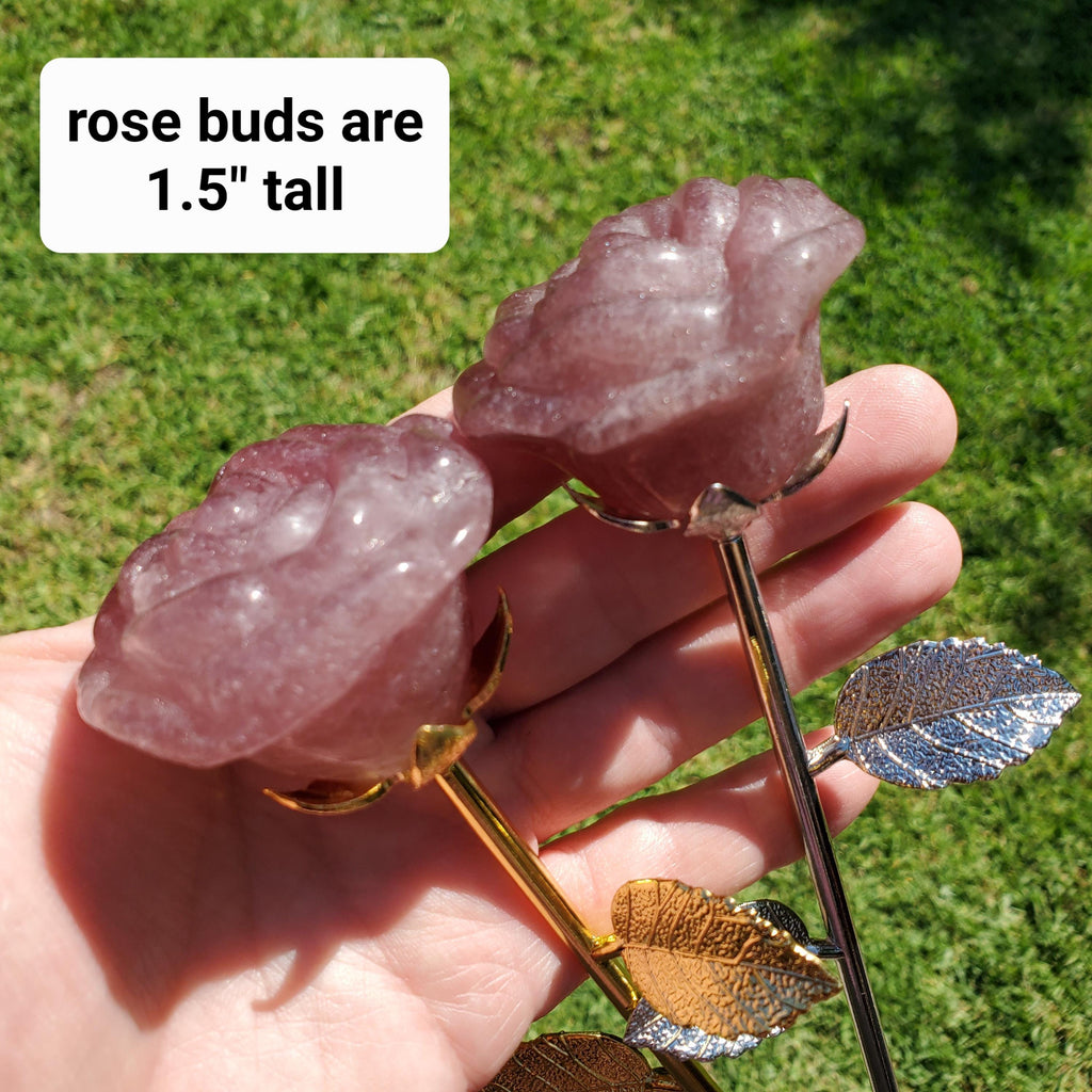 Strawberry Quartz Long Stem Rose with Silver or Gold Stem - Universal Love, Gratitude, Generosity, Compassion - 9" Long Tanzberry Flower