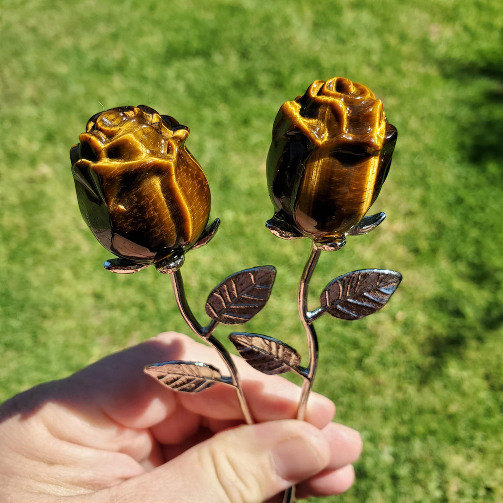 Small Flashy Tiger Eye Rose on Stem - Courage, Motivation, Confidence, Grounding, Energetic Protection - Crystal Rose Healing Gemstones