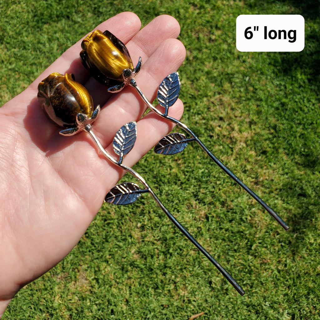Small Flashy Tiger Eye Rose on Stem - Courage, Motivation, Confidence, Grounding, Energetic Protection - Crystal Rose Healing Gemstones