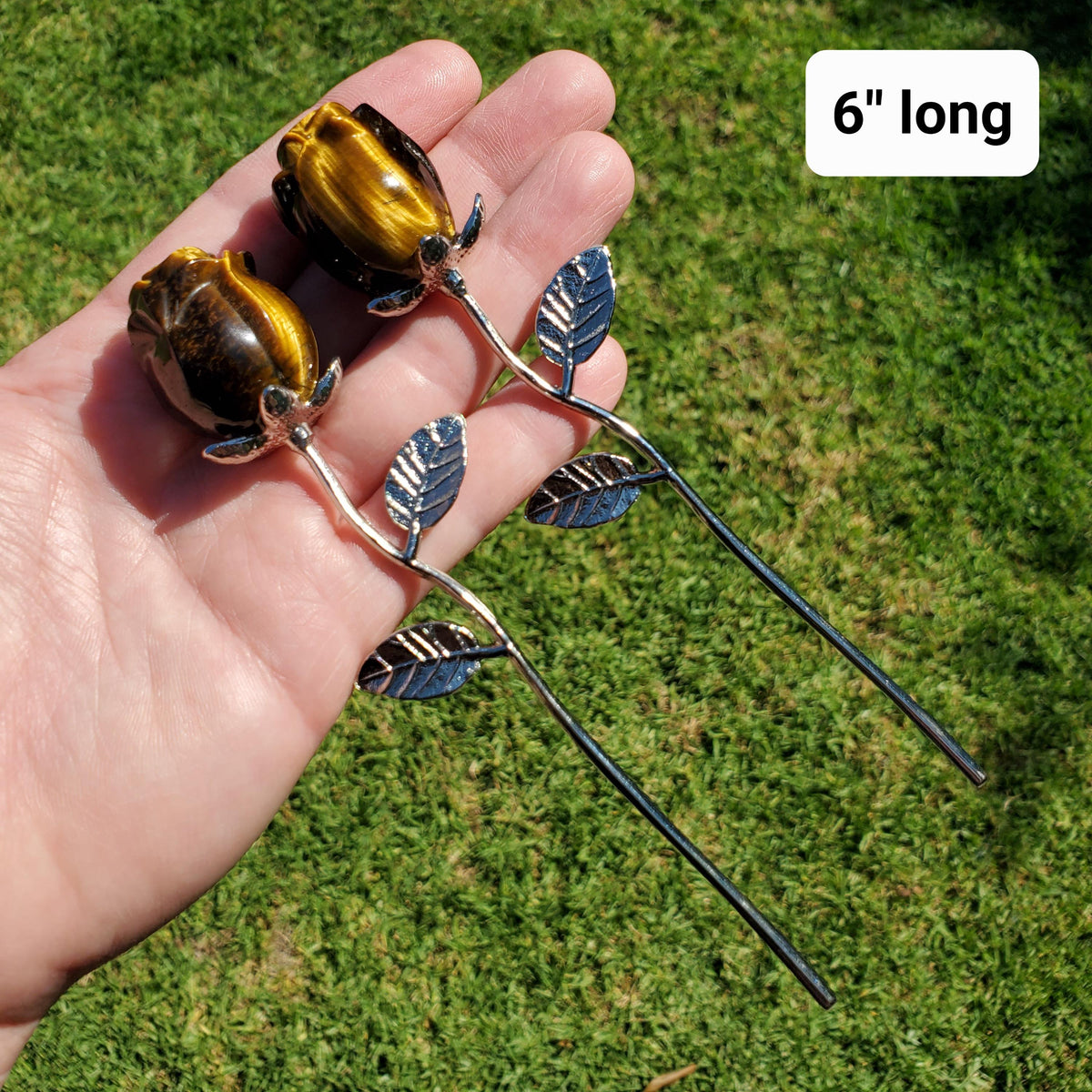 Small Flashy Tiger Eye Rose on Stem - Courage, Motivation, Confidence, Grounding, Energetic Protection - Crystal Rose Healing Gemstones