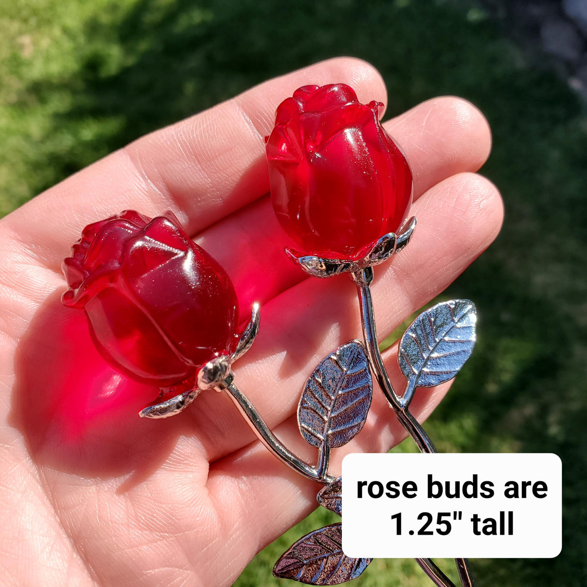 Small Red Glass Rose on Stem - Confidence, Intuition, Rebirth, Guides Us To Our Purpose - Flower Bud Carving Statement Stone Garden Stake