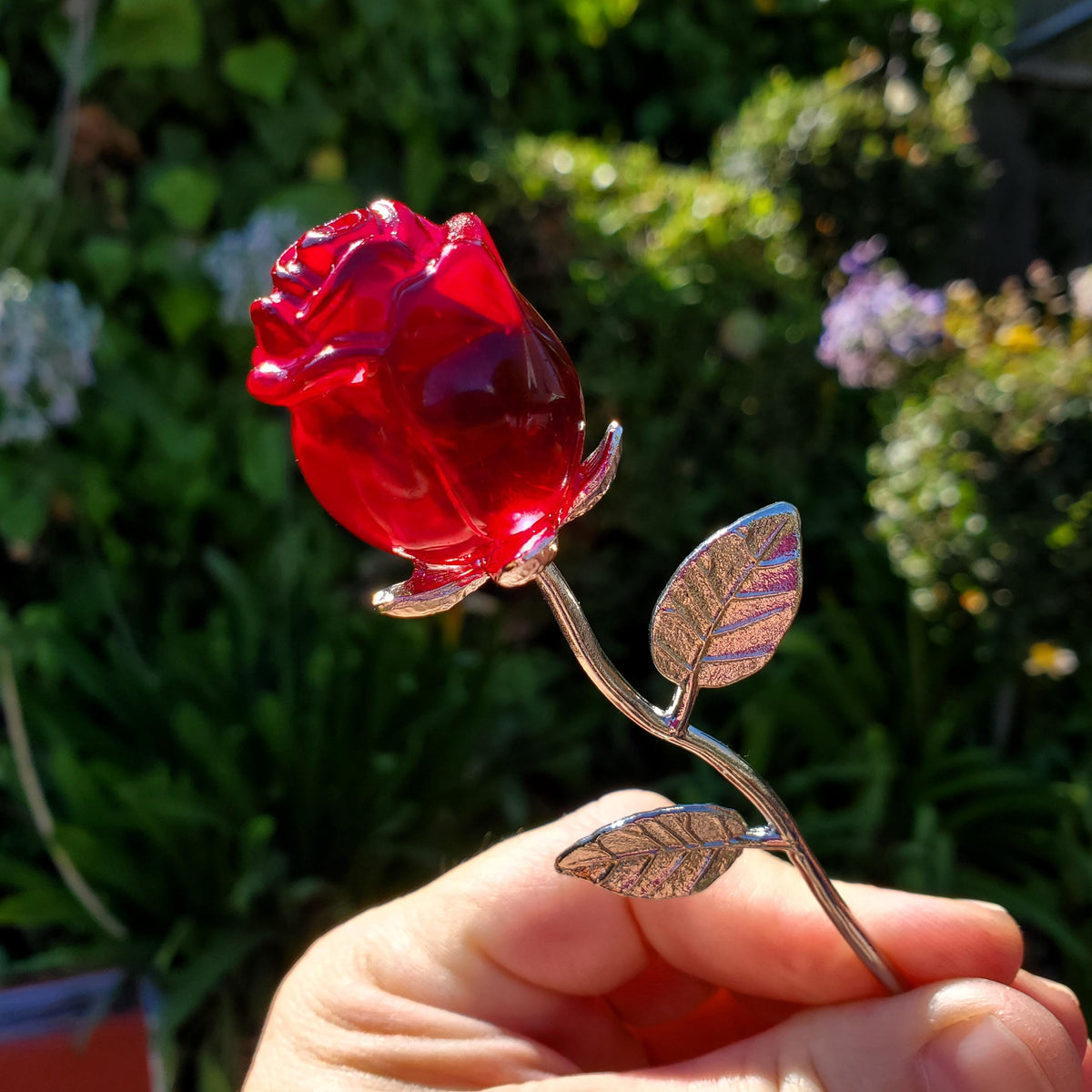 Small Red Glass Rose on Stem - Confidence, Intuition, Rebirth, Guides Us To Our Purpose - Flower Bud Carving Statement Stone Garden Stake