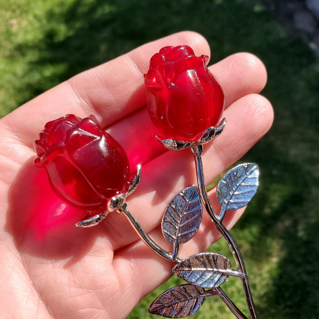 Small Red Glass Rose on Stem - Confidence, Intuition, Rebirth, Guides Us To Our Purpose - Flower Bud Carving Statement Stone Garden Stake