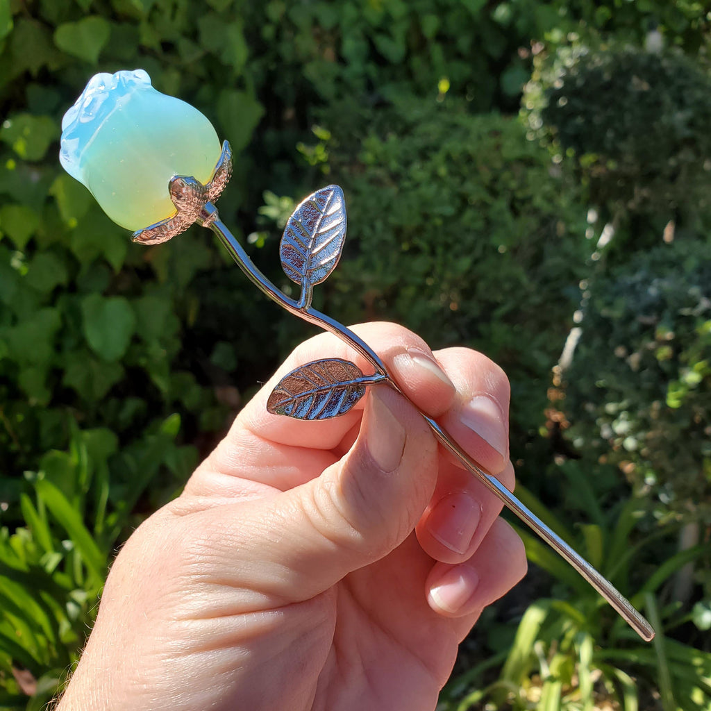 Small Opalite Rose on Stem - Confidence, Boost Inner Power, Stabilizing - Cute Crystal Rose Healing Stone Crystals Gemstone