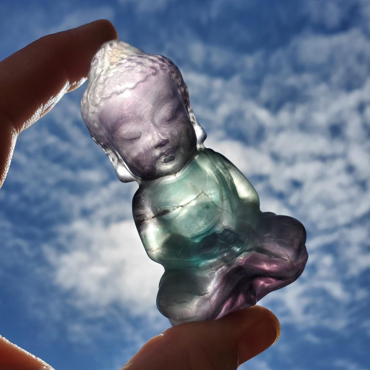 Rainbow Fluorite Buddha - Stability, Concentration, Protection - Fluorite Carved Buddha Statue Healing Gemstone Statement