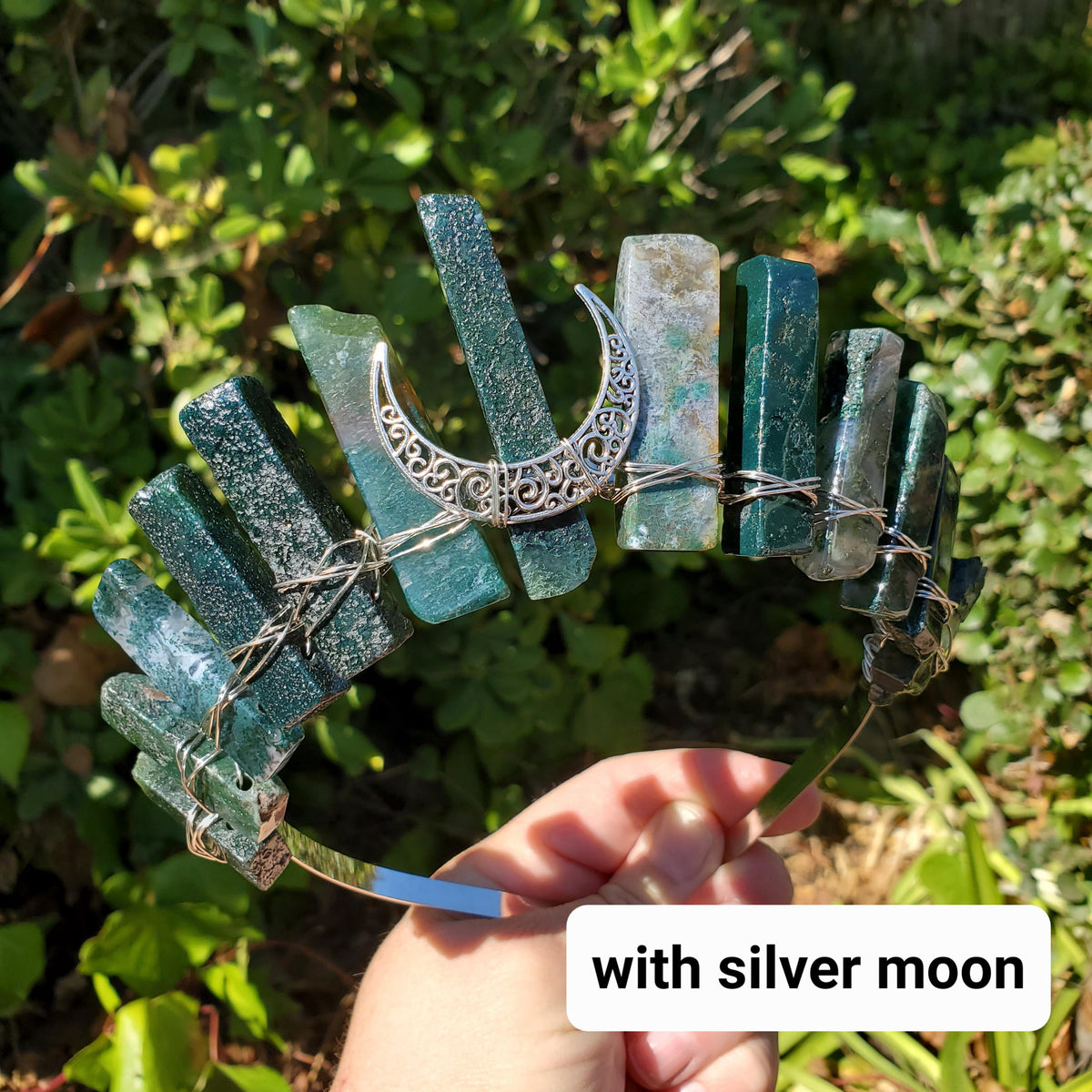 Moss Agate Crown with Moon Phase - Grounding, Reflection, New Beginnings - Green Goddess Crystal Moon Healing Crystal Gemstone Headpiece