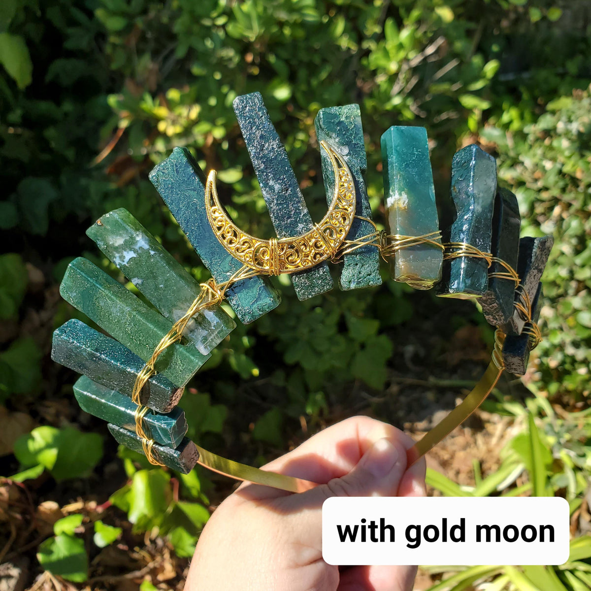 Moss Agate Crown with Moon Phase - Grounding, Reflection, New Beginnings - Green Goddess Crystal Moon Healing Crystal Gemstone Headpiece