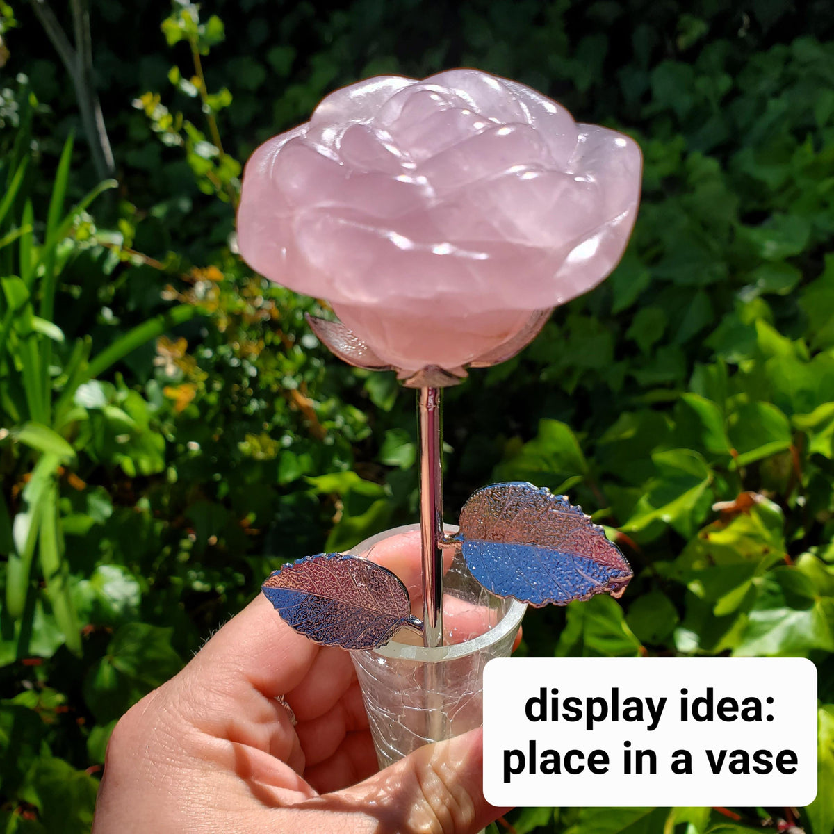 Rose Quartz Long Stem Rose 6" to 9" - Unconditional Love, Compassion, Self Love - Pink Crystal Rose Bud with Silver or Gold Metal Stem
