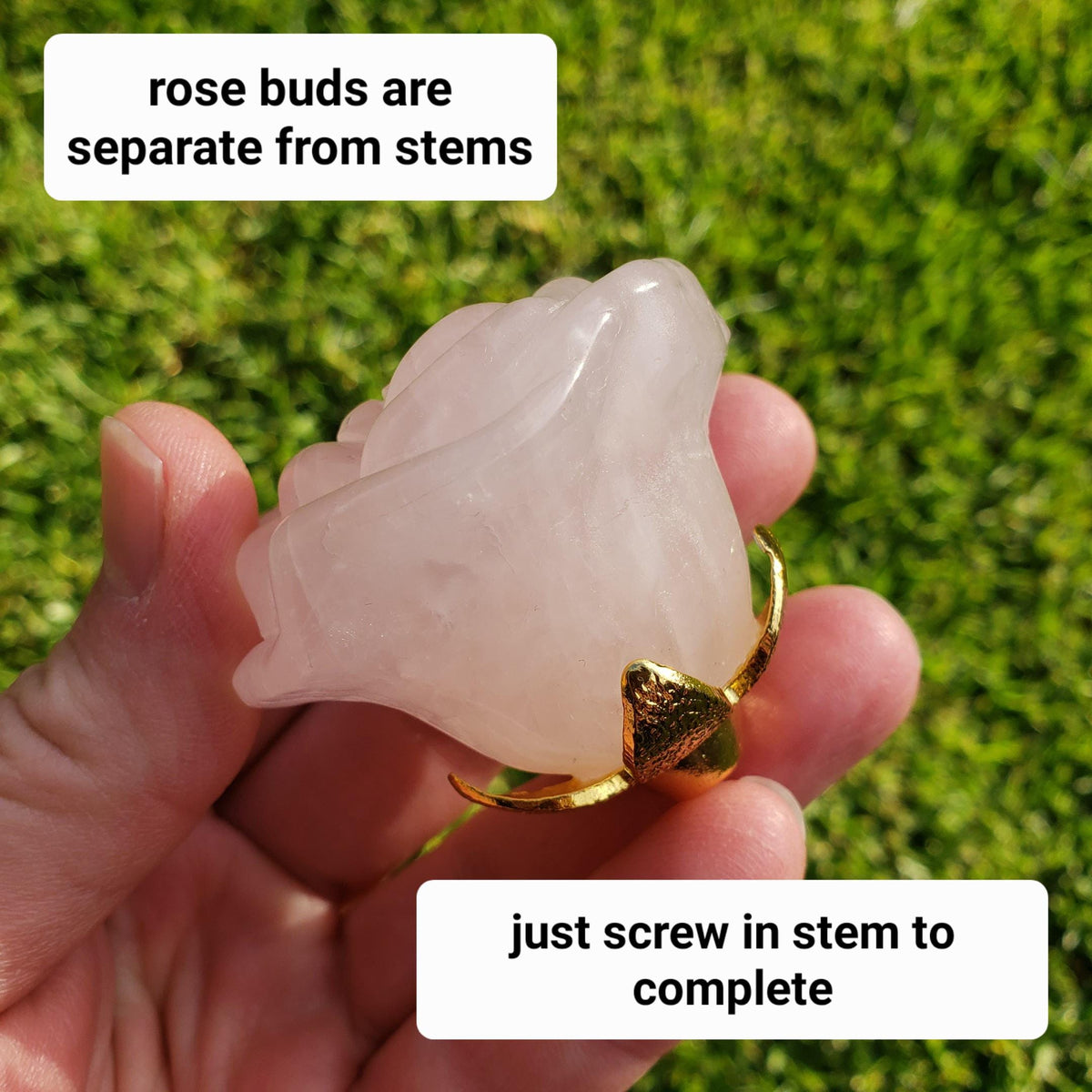 Rose Quartz Long Stem Rose 6" to 9" - Unconditional Love, Compassion, Self Love - Pink Crystal Rose Bud with Silver or Gold Metal Stem