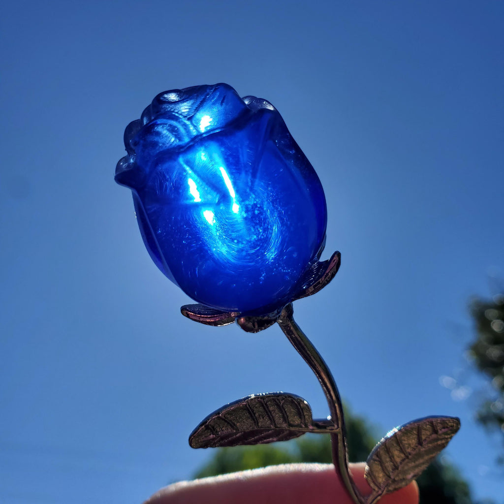 Small Blue Glass Rose on Stem - Confidence, Intuition, Rebirth, Guides Us To Our Purpose - Flower Bud Carving Statement Stone Garden Stake