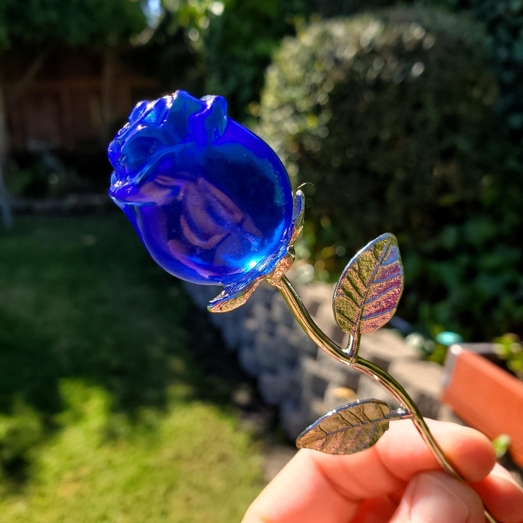 Small Blue Glass Rose on Stem - Confidence, Intuition, Rebirth, Guides Us To Our Purpose - Flower Bud Carving Statement Stone Garden Stake