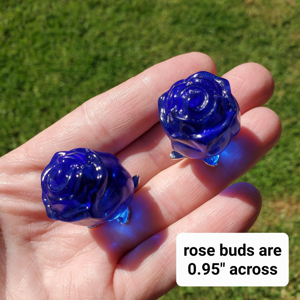 Small Blue Glass Rose on Stem - Confidence, Intuition, Rebirth, Guides Us To Our Purpose - Flower Bud Carving Statement Stone Garden Stake
