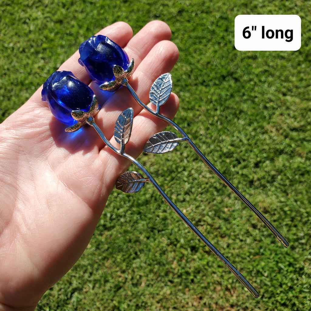 Small Blue Glass Rose on Stem - Confidence, Intuition, Rebirth, Guides Us To Our Purpose - Flower Bud Carving Statement Stone Garden Stake