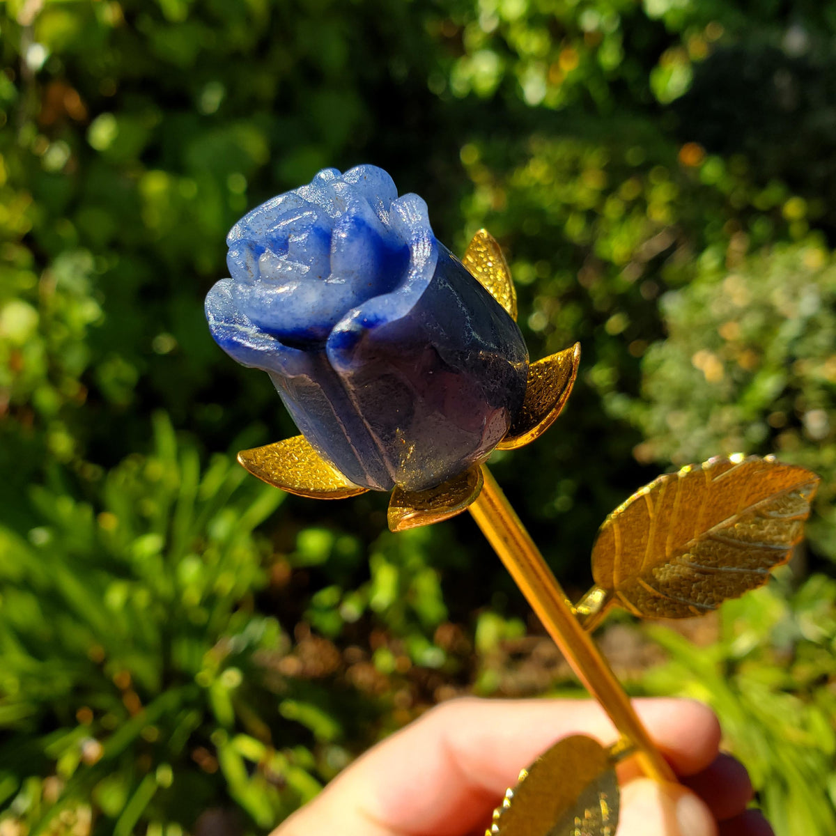 Small Blue Aventurine Rose on Gold Stem 6" - Self-Discipline, Inner Strength, Communication - Cute Crystal Flower Healing Gemstone Decor