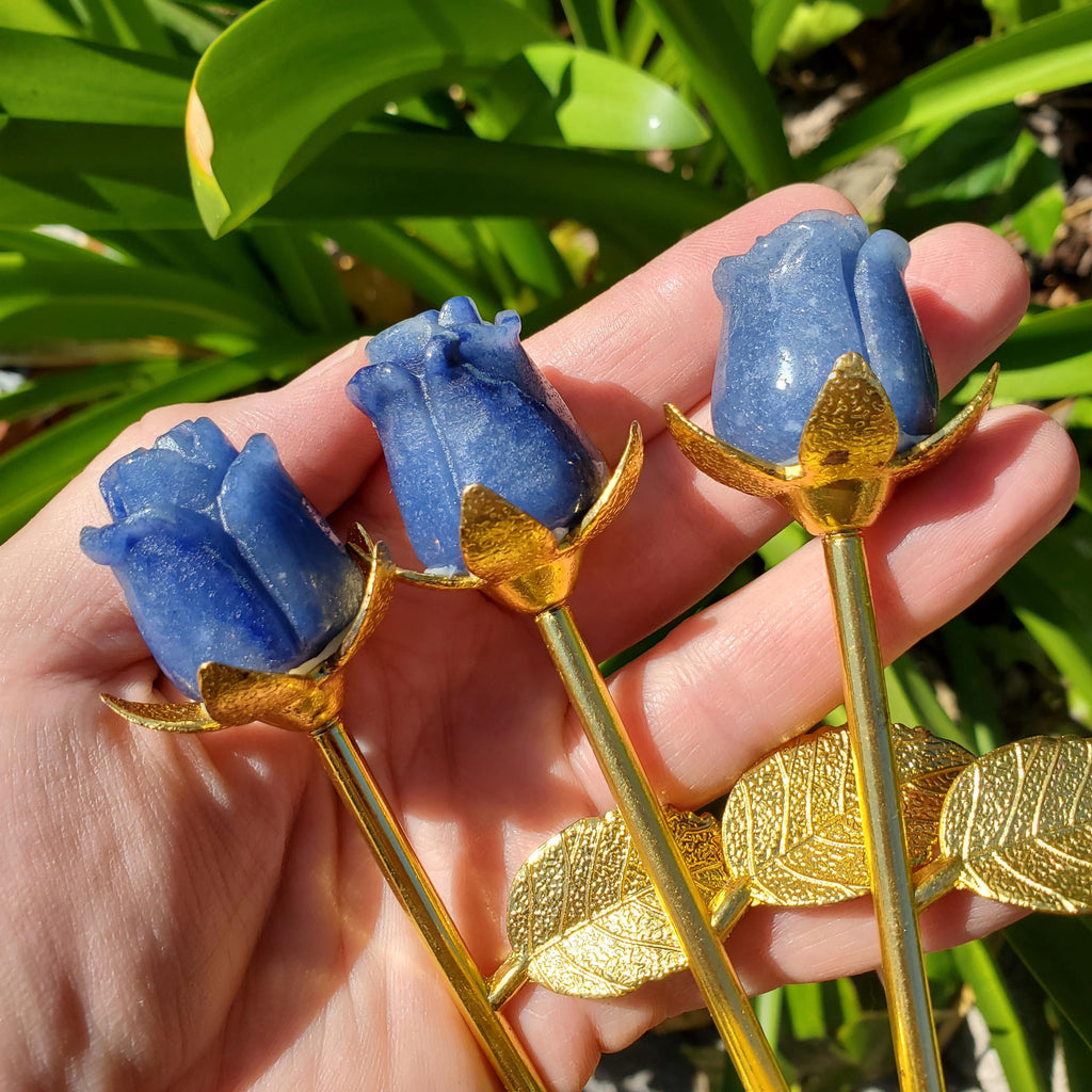 Small Blue Aventurine Rose on Gold Stem 6" - Self-Discipline, Inner Strength, Communication - Cute Crystal Flower Healing Gemstone Decor