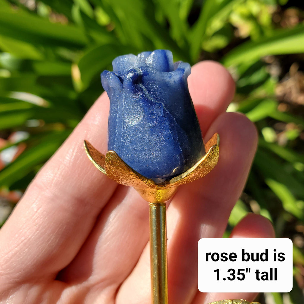 Small Blue Aventurine Rose on Gold Stem 6" - Self-Discipline, Inner Strength, Communication - Cute Crystal Flower Healing Gemstone Decor