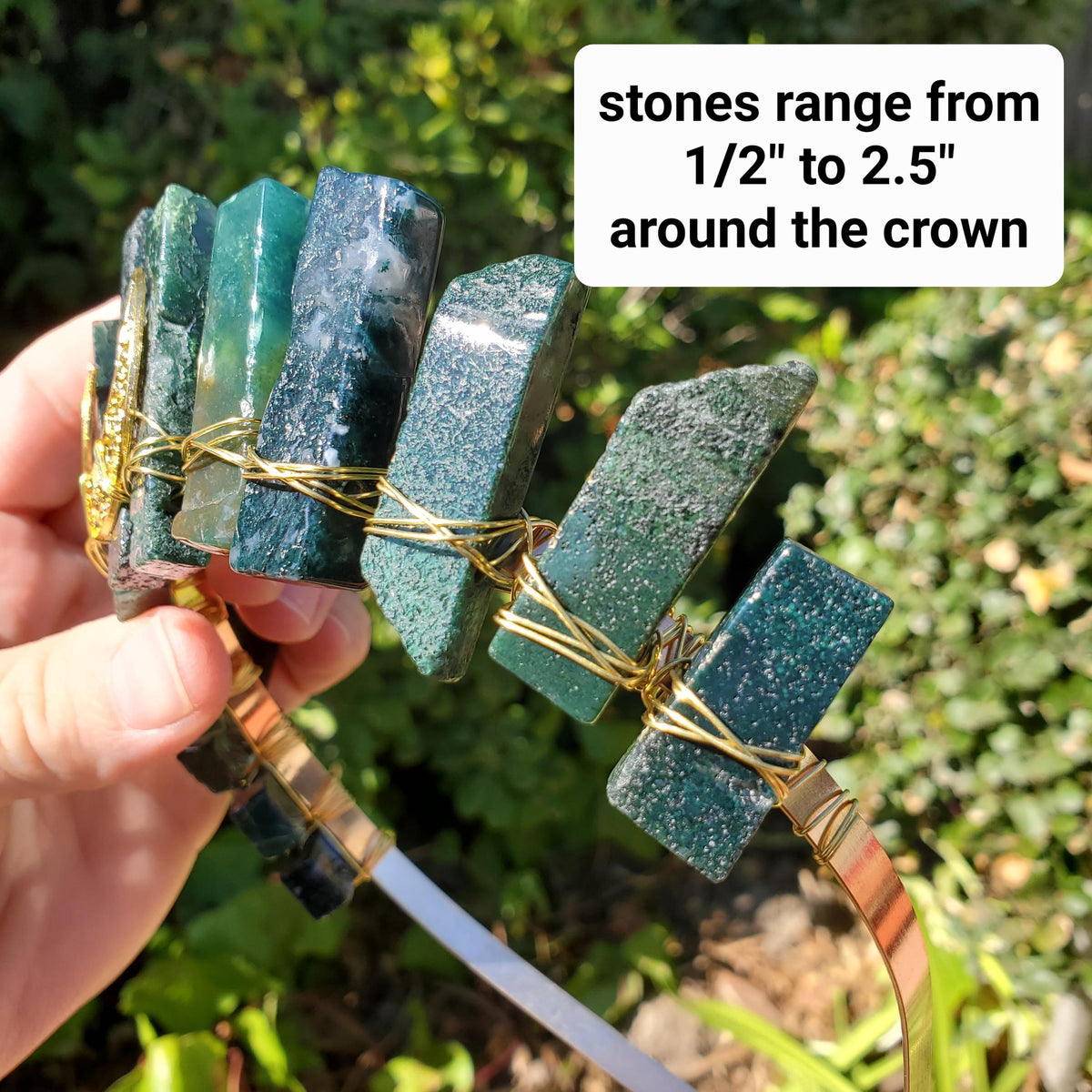Moss Agate Crown with Moon Phase - Grounding, Reflection, New Beginnings - Green Goddess Crystal Moon Healing Crystal Gemstone Headpiece