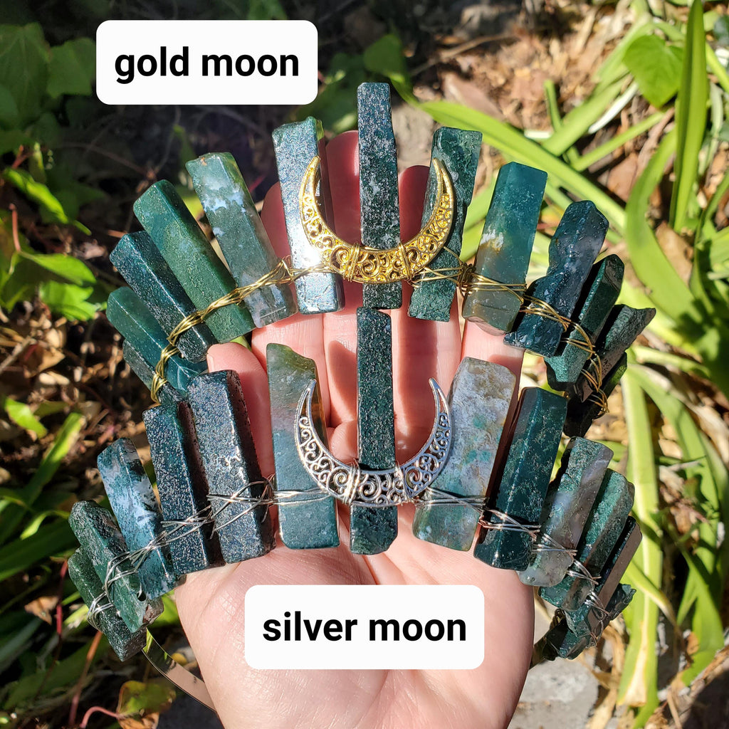 Moss Agate Crown with Moon Phase - Grounding, Reflection, New Beginnings - Green Goddess Crystal Moon Healing Crystal Gemstone Headpiece
