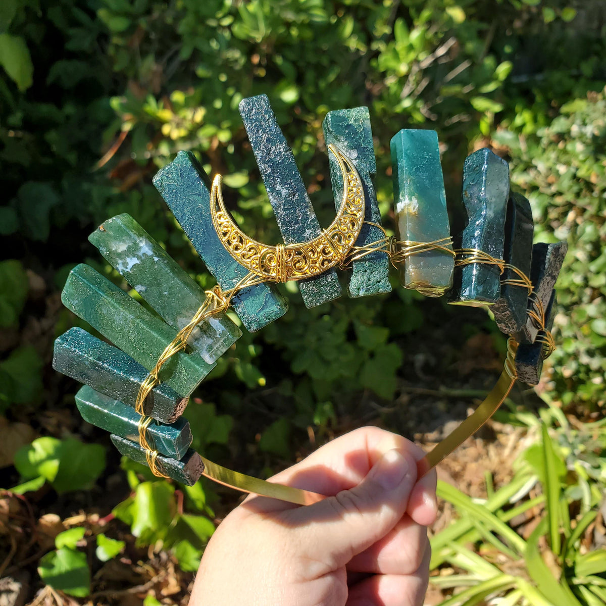 Moss Agate Crown with Moon Phase - Grounding, Reflection, New Beginnings - Green Goddess Crystal Moon Healing Crystal Gemstone Headpiece