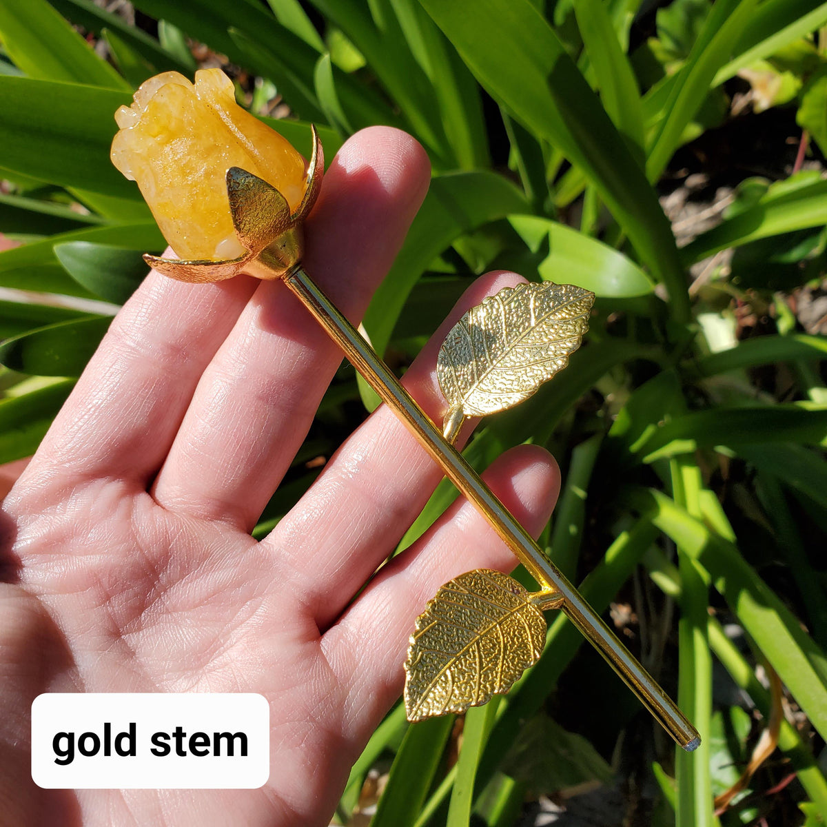 Small Golden Healer Rose on Metal Stem - Balance, Power, Energizing, Grounding - Cute Crystal Flower Display Healing Gemstone