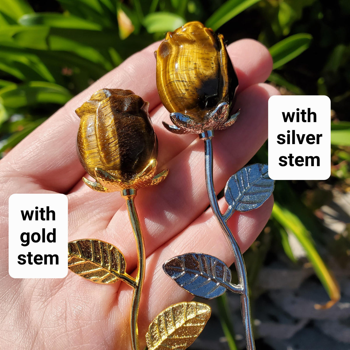 Small Flashy Tiger Eye Rose on Stem - Courage, Motivation, Confidence, Grounding, Energetic Protection - Crystal Rose Healing Gemstones