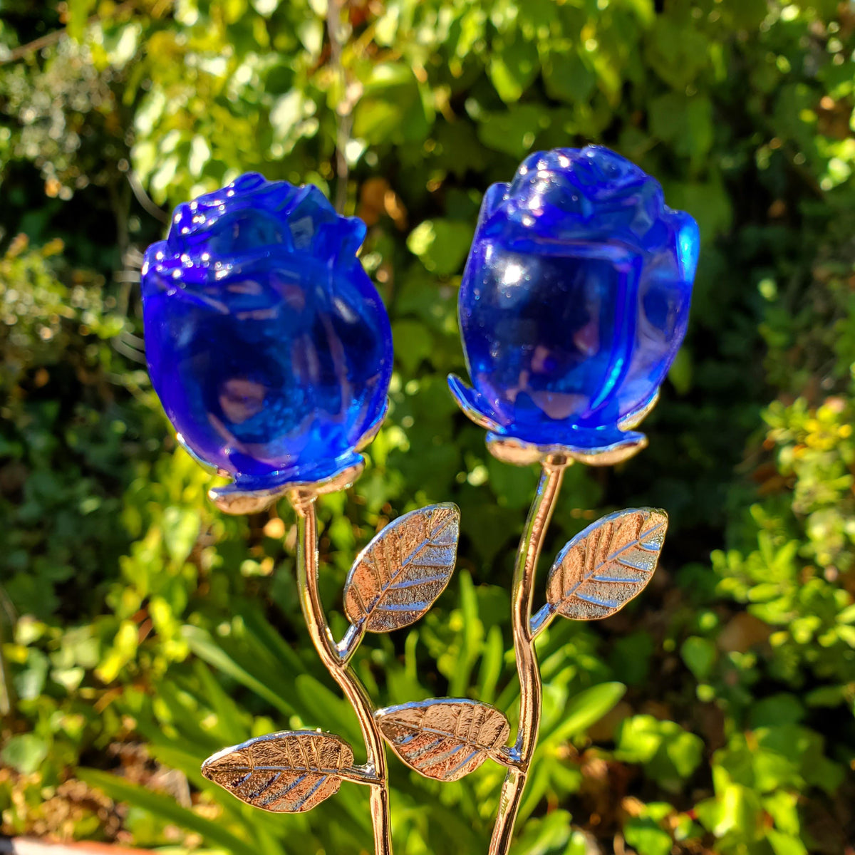 Small Blue Glass Rose on Stem - Confidence, Intuition, Rebirth, Guides Us To Our Purpose - Flower Bud Carving Statement Stone Garden Stake