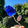 Small Blue Glass Rose on Stem - Confidence, Intuition, Rebirth, Guides Us To Our Purpose - Flower Bud Carving Statement Stone Garden Stake