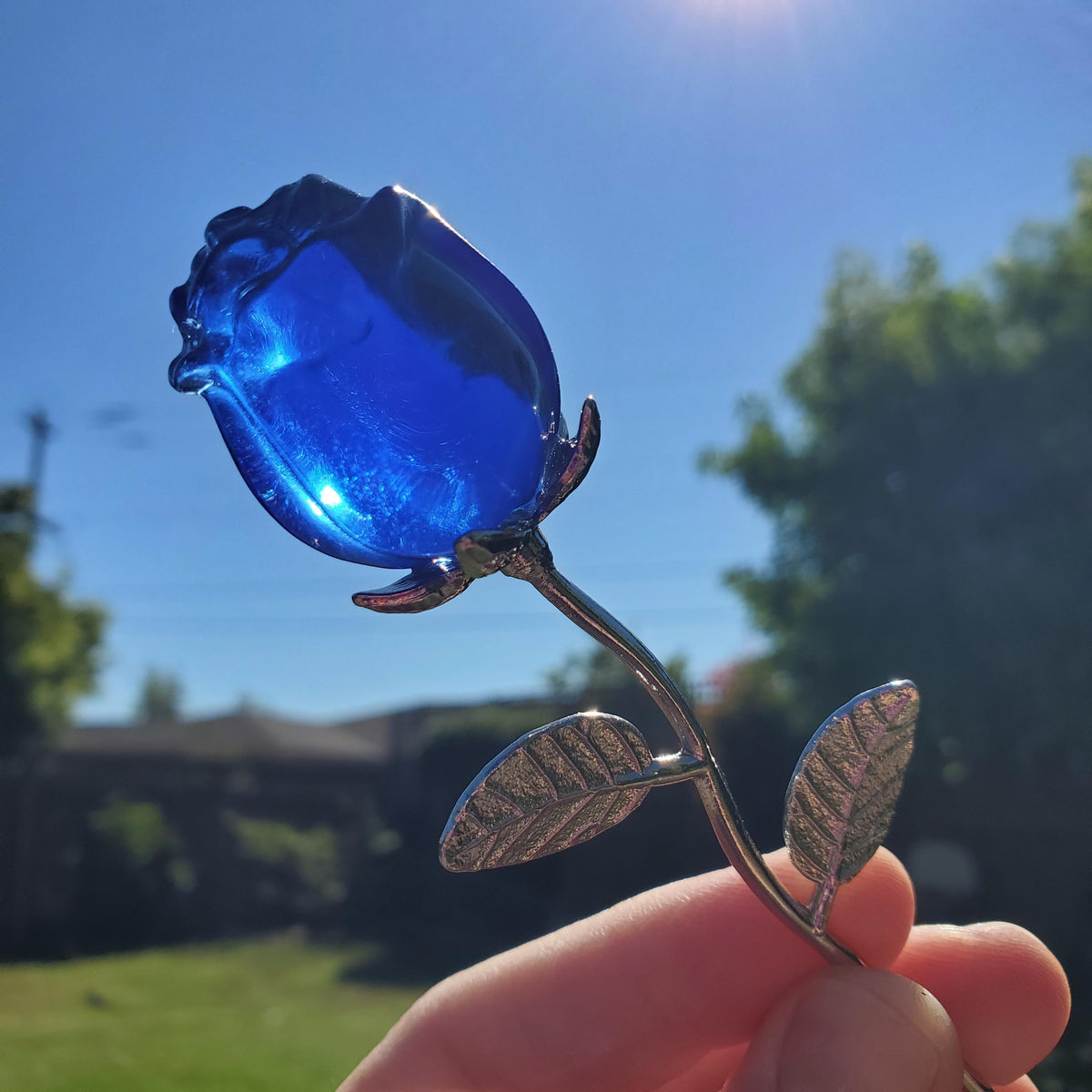 Small Blue Glass Rose on Stem - Confidence, Intuition, Rebirth, Guides Us To Our Purpose - Flower Bud Carving Statement Stone Garden Stake