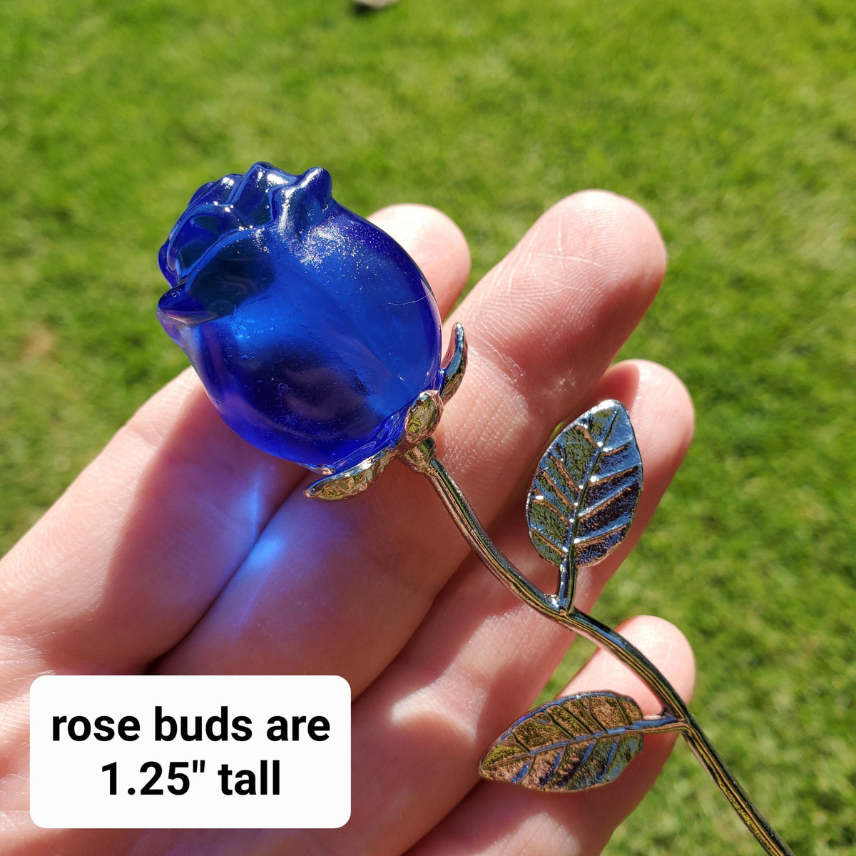Small Blue Glass Rose on Stem - Confidence, Intuition, Rebirth, Guides Us To Our Purpose - Flower Bud Carving Statement Stone Garden Stake