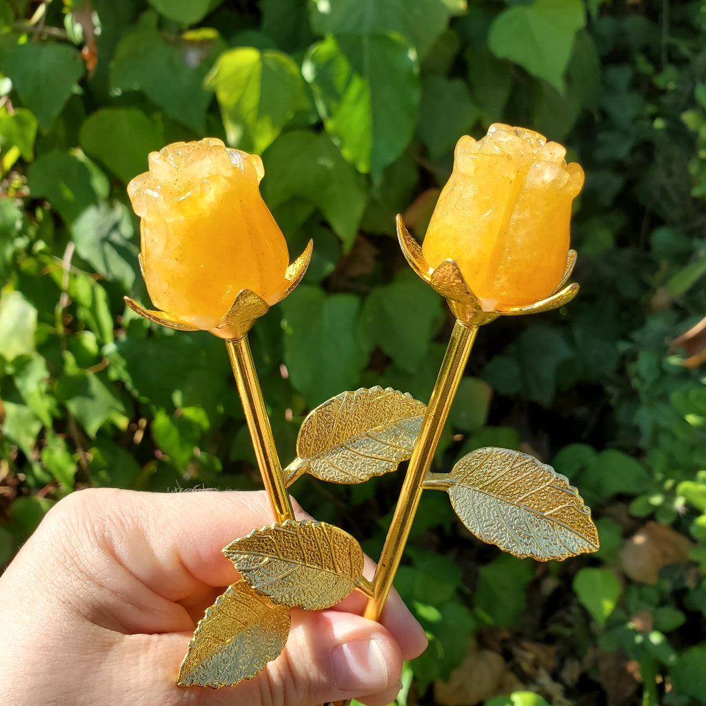Small Golden Healer Rose on Metal Stem - Balance, Power, Energizing, Grounding - Cute Crystal Flower Display Healing Gemstone