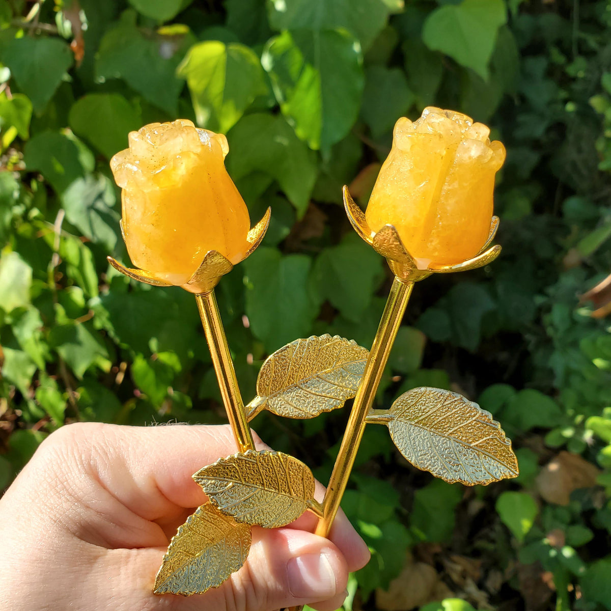 Small Golden Healer Rose on Metal Stem - Balance, Power, Energizing, Grounding - Cute Crystal Flower Display Healing Gemstone