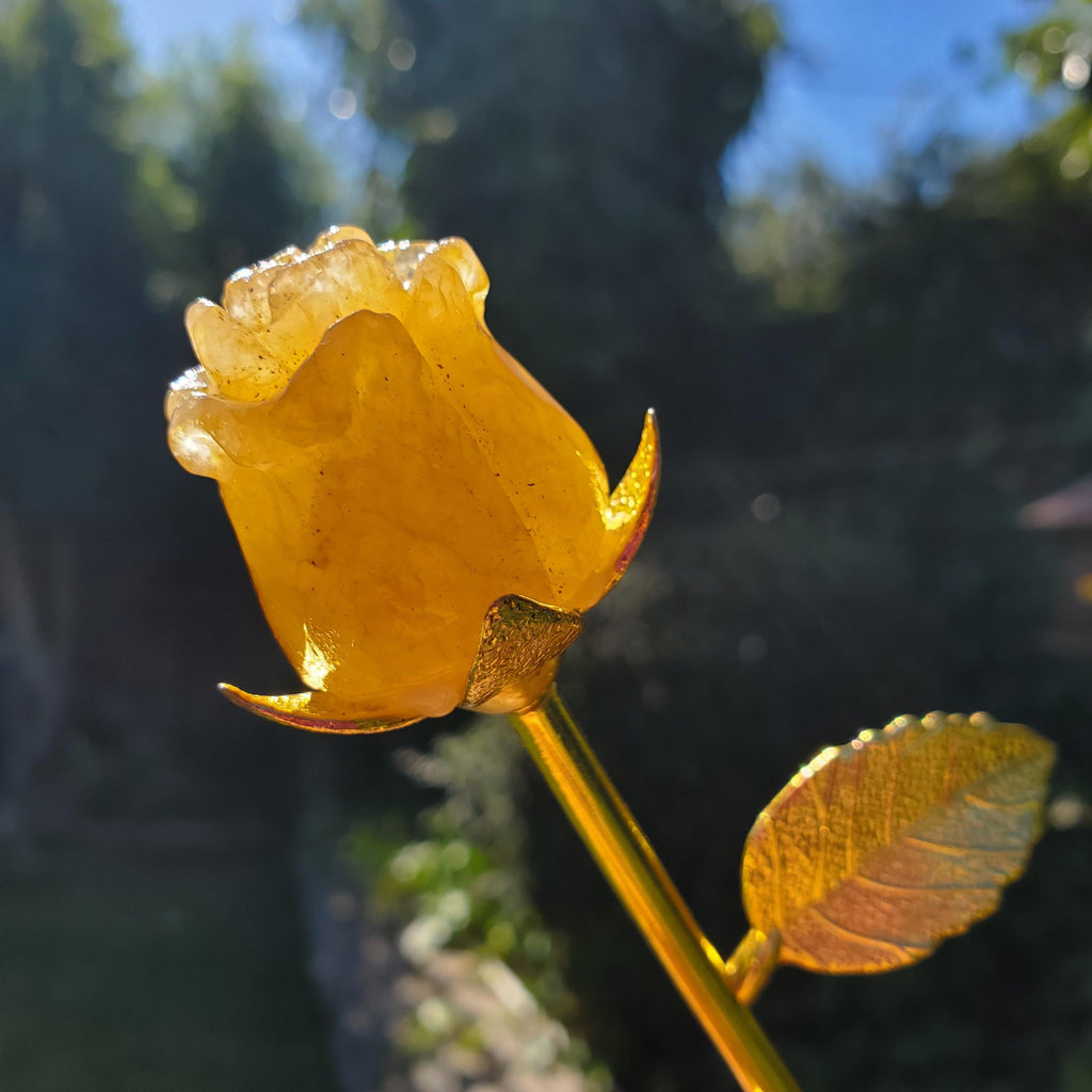 Small Golden Healer Rose on Metal Stem - Balance, Power, Energizing, Grounding - Cute Crystal Flower Display Healing Gemstone