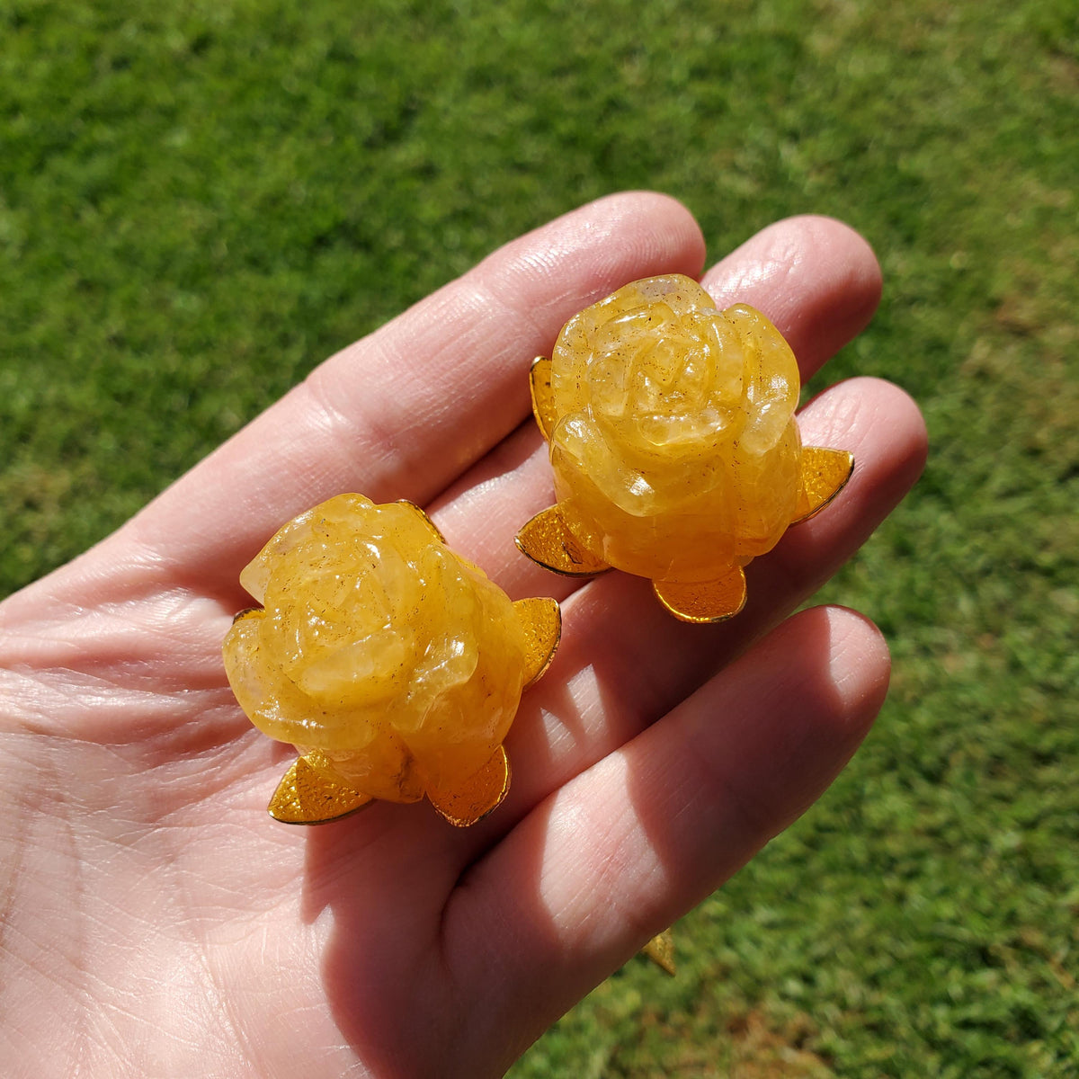 Small Golden Healer Rose on Metal Stem - Balance, Power, Energizing, Grounding - Cute Crystal Flower Display Healing Gemstone