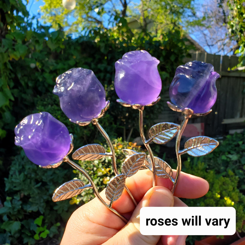 Small Purple Fluorite Rose - Clarity, Peace, Logic, Protection - Silver Stem Rose Gemstone Crystal Rose Statement