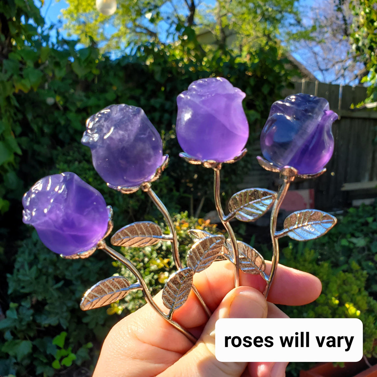 Small Purple Fluorite Rose - Clarity, Peace, Logic, Protection - Silver Stem Rose Gemstone Crystal Rose Statement