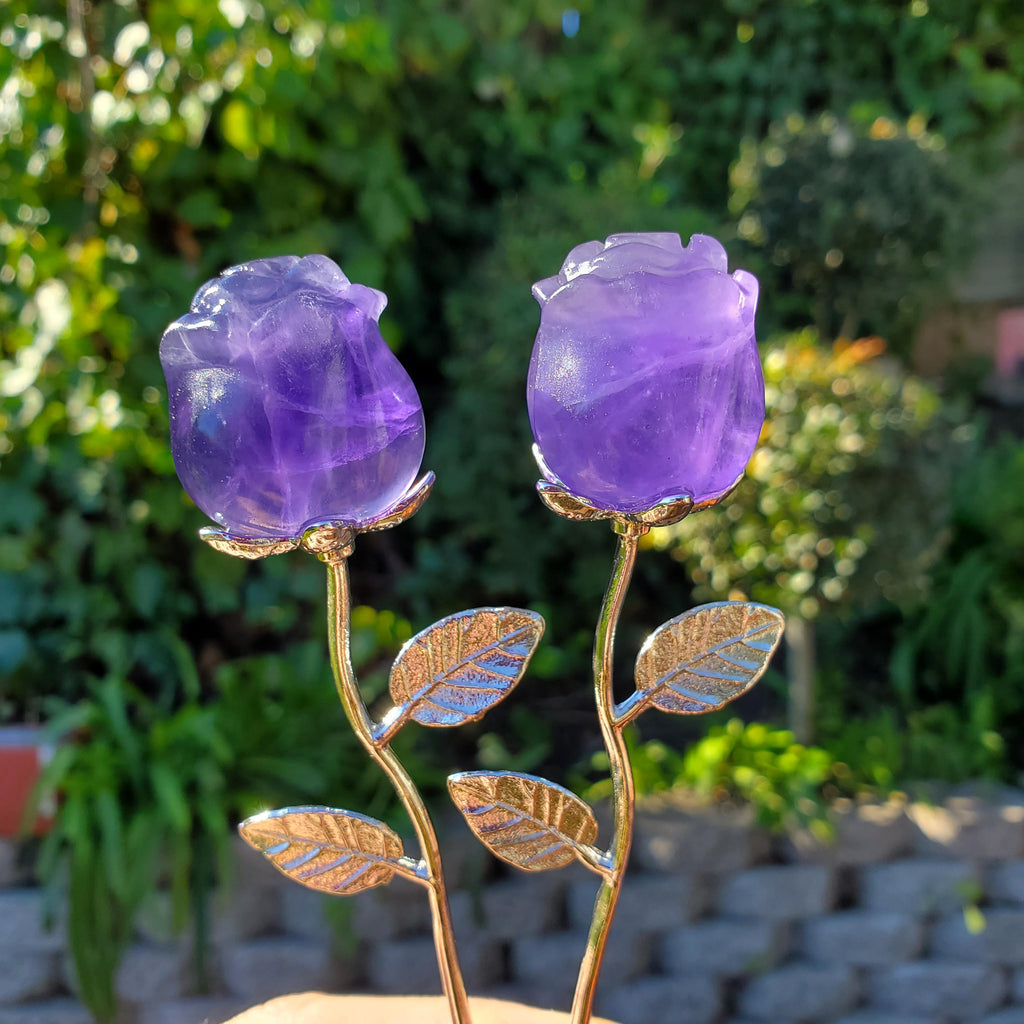 Small Purple Fluorite Rose - Clarity, Peace, Logic, Protection - Silver Stem Rose Gemstone Crystal Rose Statement