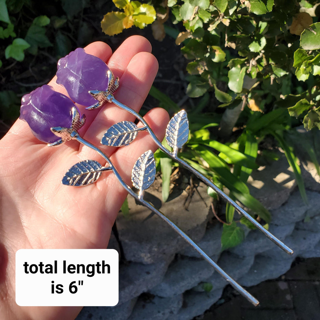 Small Purple Fluorite Rose - Clarity, Peace, Logic, Protection - Silver Stem Rose Gemstone Crystal Rose Statement