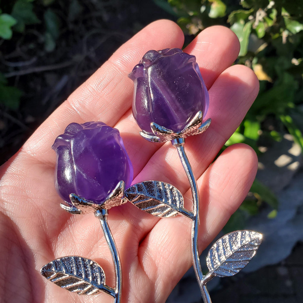 Small Purple Fluorite Rose - Clarity, Peace, Logic, Protection - Silver Stem Rose Gemstone Crystal Rose Statement