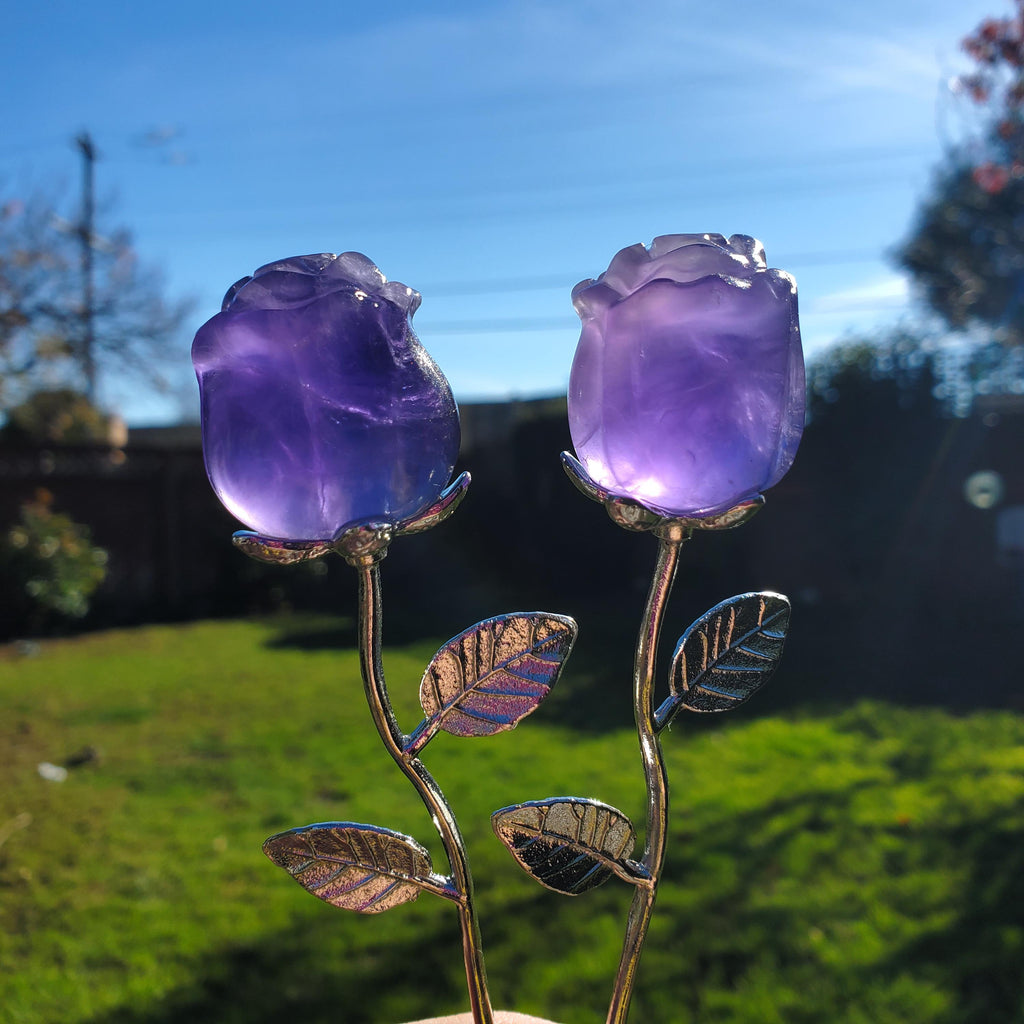 Small Purple Fluorite Rose - Clarity, Peace, Logic, Protection - Silver Stem Rose Gemstone Crystal Rose Statement