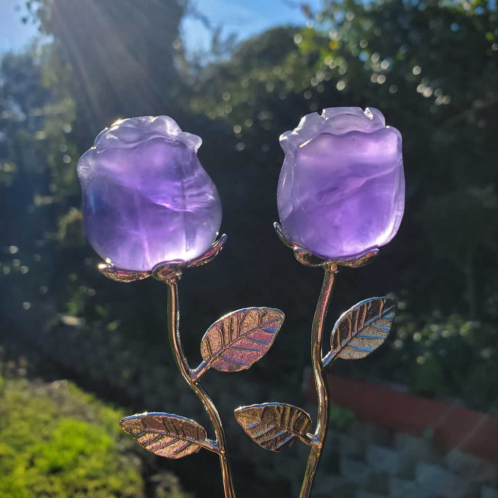 Small Purple Fluorite Rose - Clarity, Peace, Logic, Protection - Silver Stem Rose Gemstone Crystal Rose Statement