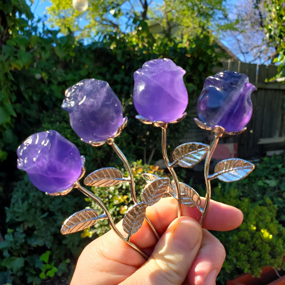 Small Purple Fluorite Rose - Clarity, Peace, Logic, Protection - Silver Stem Rose Gemstone Crystal Rose Statement