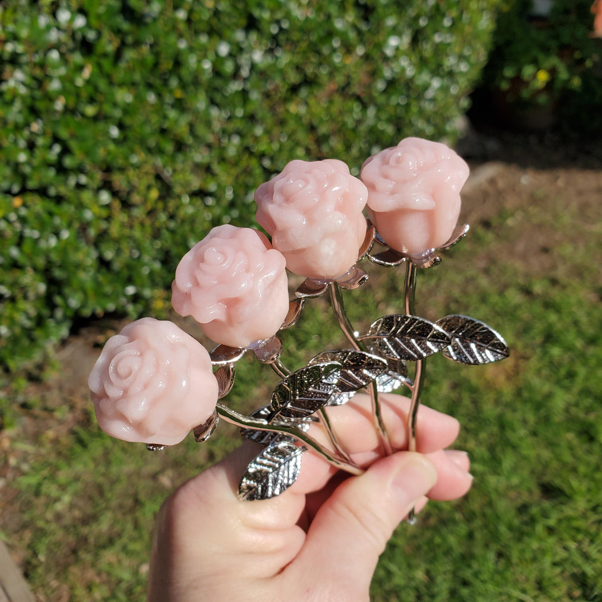 Small Pink Opal Rose on Stem - Activates Heart Chakra, Strengthens Connection To Yourself, Individuality - Pink Crystal Flower Valentine