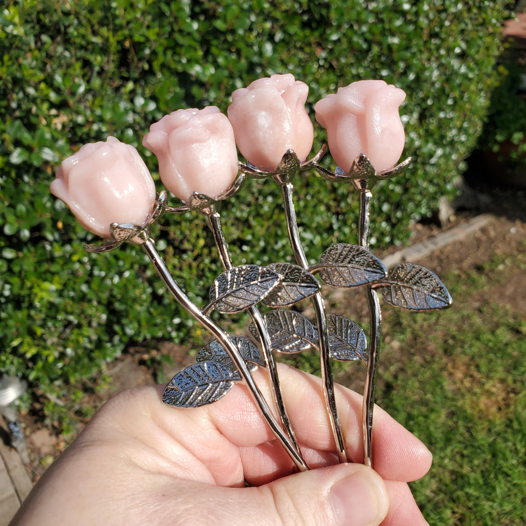 Small Pink Opal Rose on Stem - Activates Heart Chakra, Strengthens Connection To Yourself, Individuality - Pink Crystal Flower Valentine